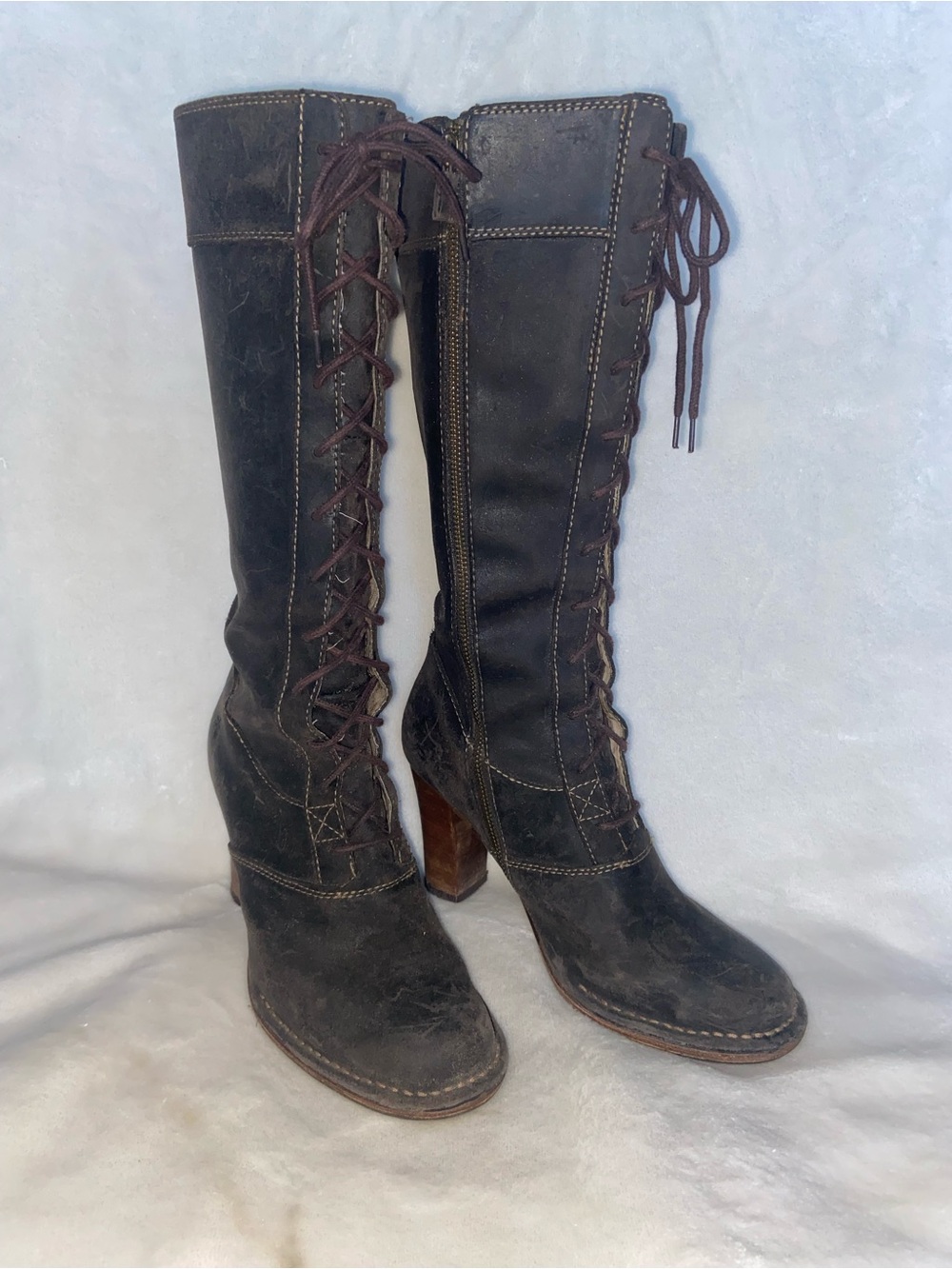 Frye Villager Dark Brown Lace-Up Knee-High Heeled Boots